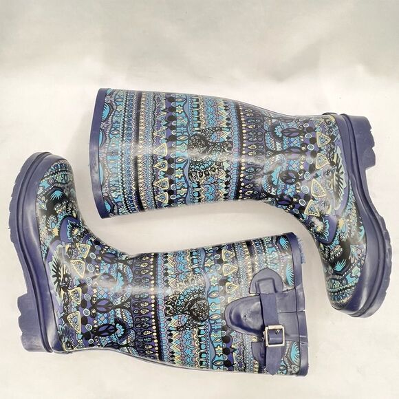 Sakroots One World Blue Elephant Peace Boho Faux Fur Lined Tall Rain Boot Size 7 - Picture 4 of 11